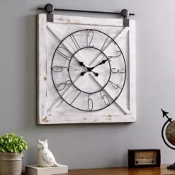 Clocks-Kirkland's Home Farmstead Wooden Barn Door Clock White