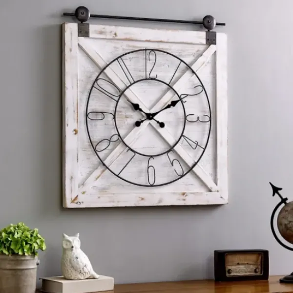 Clocks-Kirkland's Home Farmstead Wooden Barn Door Clock White
