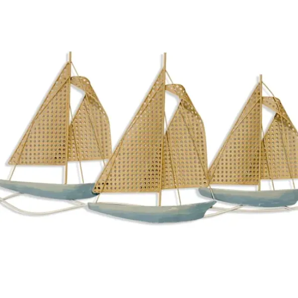 Wall Plaques-Kirkland's Home Faux Cane And Metal Sails Triptych Wall Plaque Blue/Tan