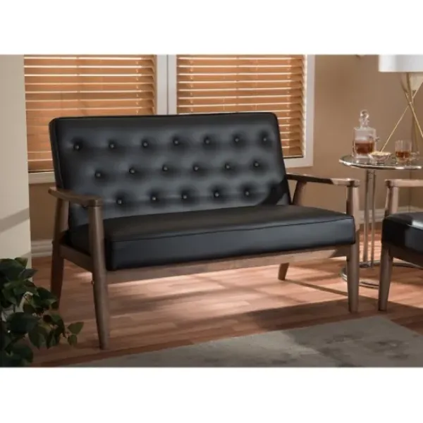 Sofas & Loveseats-Kirkland's Home Faux Leather And Rubberwood Loveseat, 49 In. Brown