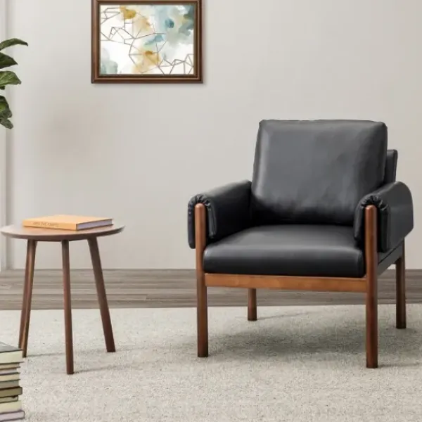 Accent Chairs-Kirkland's Home Faux Leather And Wood Accent Chair Black