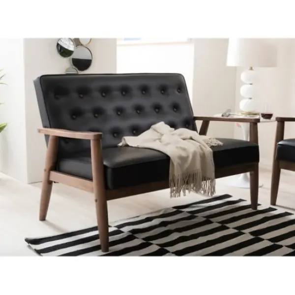 Sofas & Loveseats-Kirkland's Home Faux Leather Modern 2-Seat Loveseat Black