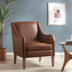 Accent Chairs-Kirkland's Home Faux Leather Sloped Arm Accent Chair Brown