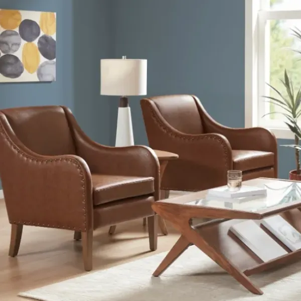 Accent Chairs-Kirkland's Home Faux Leather Sloped Arm Accent Chair Brown