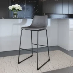 Bar Stools & Counter Height Stools-Kirkland's Home Faux Leather Sloped Bar Stools, Set Of 2 Gray