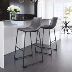 Bar Stools & Counter Height Stools-Kirkland's Home Faux Leather Sloped Bar Stools, Set Of 2 Gray