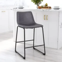 Bar Stools & Counter Height Stools-Kirkland's Home Faux Leather Sloped Counter Stools, Set Of 2 Gray