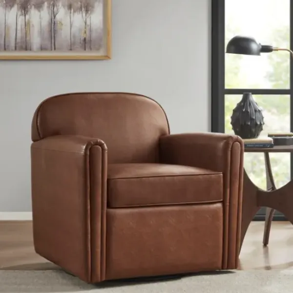 Accent Chairs-Kirkland's Home Faux Leather Swivel Club Chair Brown