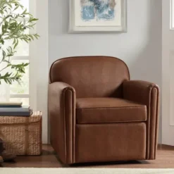 Accent Chairs-Kirkland's Home Faux Leather Swivel Club Chair Brown
