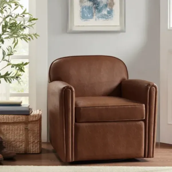 Accent Chairs-Kirkland's Home Faux Leather Swivel Club Chair Brown