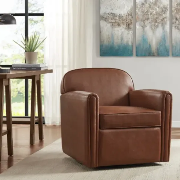 Accent Chairs-Kirkland's Home Faux Leather Swivel Club Chair Brown