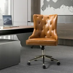Office Furniture-Kirkland's Home Faux Leather Tufted Back Office Chair Brown