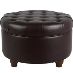 Benches & Ottomans-Kirkland's Home Faux Leather Tufted Round Storage Ottoman Brown