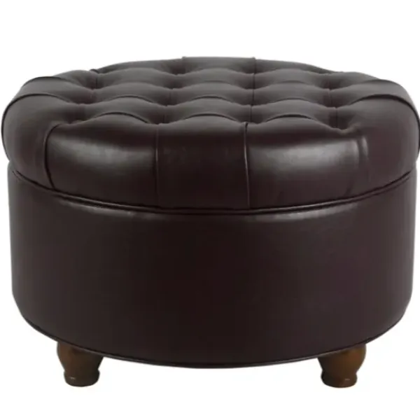 Benches & Ottomans-Kirkland's Home Faux Leather Tufted Round Storage Ottoman Brown