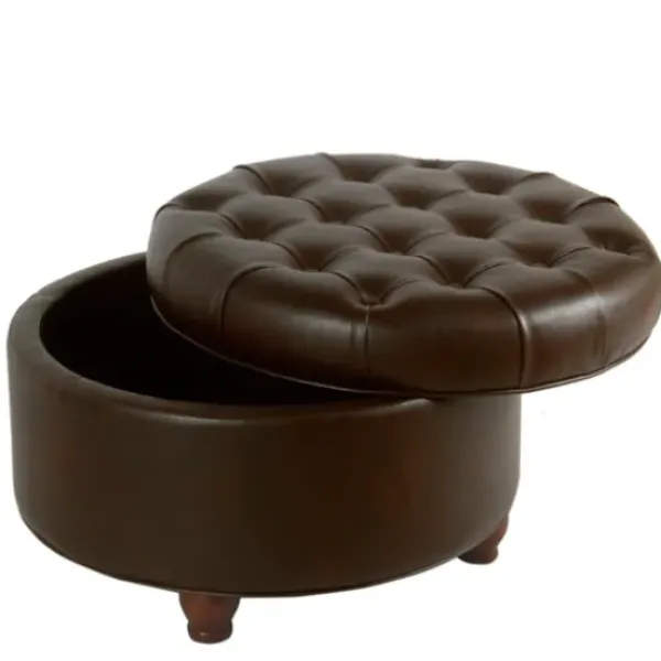 Benches & Ottomans-Kirkland's Home Faux Leather Tufted Round Storage Ottoman Brown
