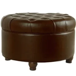 Benches & Ottomans-Kirkland's Home Faux Leather Tufted Round Storage Ottoman Brown