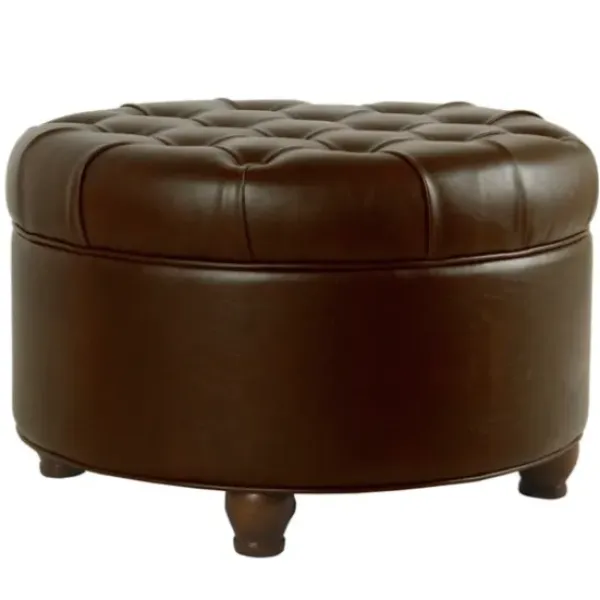 Benches & Ottomans-Kirkland's Home Faux Leather Tufted Round Storage Ottoman Brown