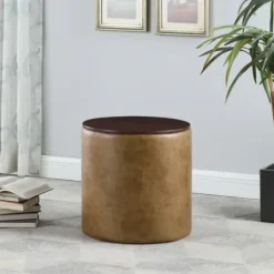 Benches & Ottomans-Kirkland's Home Faux Leather Wood Top Storage Ottoman Brown