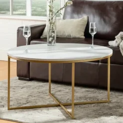 Coffee Tables-Kirkland's Home Faux Marble & Gold X-Base Coffee Table White