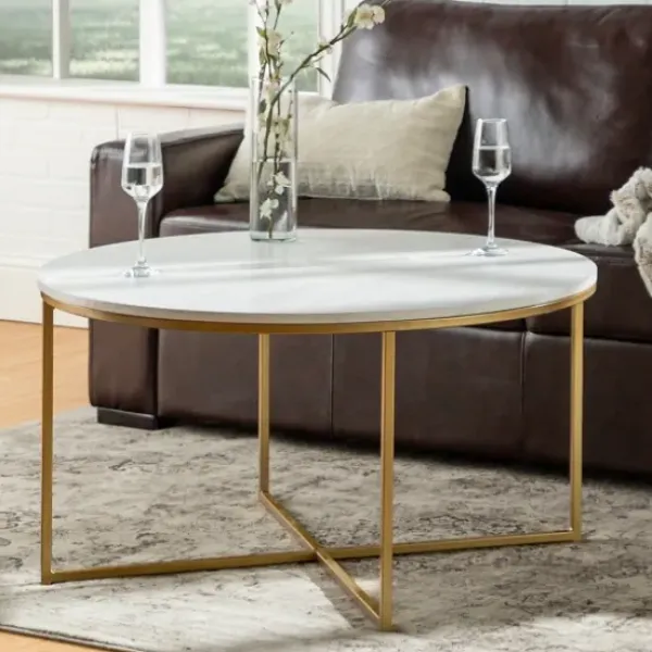 Coffee Tables-Kirkland's Home Faux Marble & Gold X-Base Coffee Table White