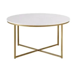 Coffee Tables-Kirkland's Home Faux Marble & Gold X-Base Coffee Table White