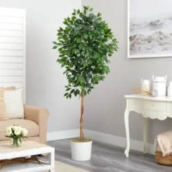 Trees & Topiaries-Kirkland's Home Ficus Tree With Moss In White Tin Planter