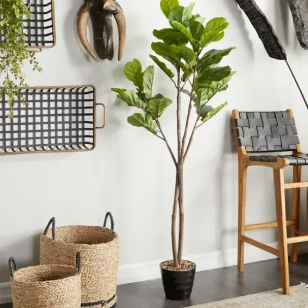 Trees & Topiaries-Kirkland's Home Fiddle Leaf Fig In Ribbed Rock Planter