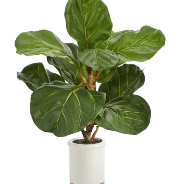 Trees & Topiaries-Kirkland's Home Fiddle Leaf Fig In White Ceramic Planter, 21 In.