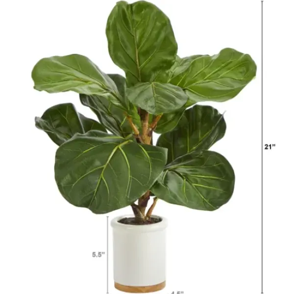 Trees & Topiaries-Kirkland's Home Fiddle Leaf Fig In White Ceramic Planter, 21 In.