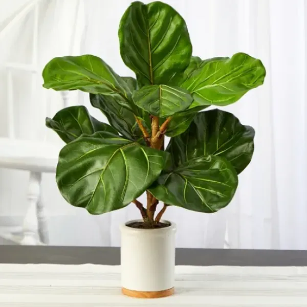 Trees & Topiaries-Kirkland's Home Fiddle Leaf Fig In White Ceramic Planter, 21 In.