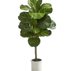 Trees & Topiaries-Kirkland's Home Fiddle Leaf Fig In White Ceramic Planter, 42 In.