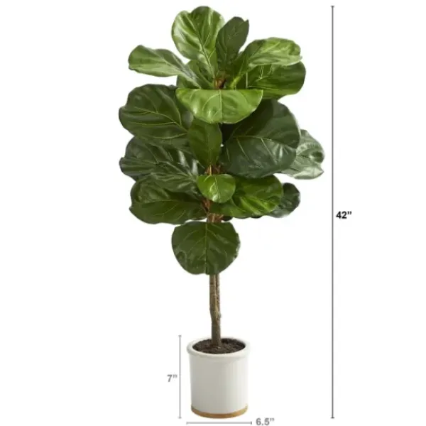 Trees & Topiaries-Kirkland's Home Fiddle Leaf Fig In White Ceramic Planter, 42 In.