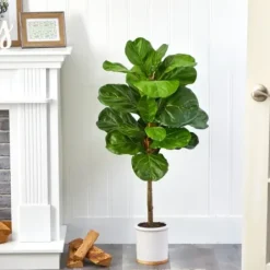 Trees & Topiaries-Kirkland's Home Fiddle Leaf Fig In White Ceramic Planter, 42 In.