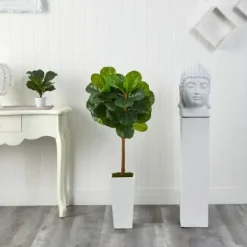 Trees & Topiaries-Kirkland's Home Fiddle Leaf Fig In White Tower Planter