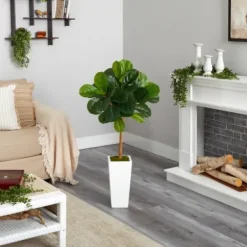 Trees & Topiaries-Kirkland's Home Fiddle Leaf Fig In White Tower Planter