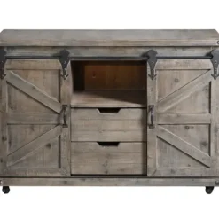 Cabinets & Sideboards-Kirkland's Home Fir Rolling Barn Door Cabinet With Casters Gray