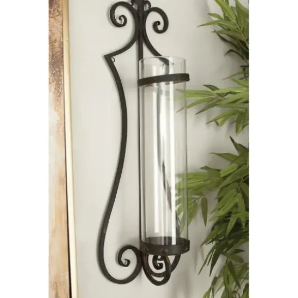 Sconces-Kirkland's Home Fleur Distressed Black Iron Sconce, 31 In.