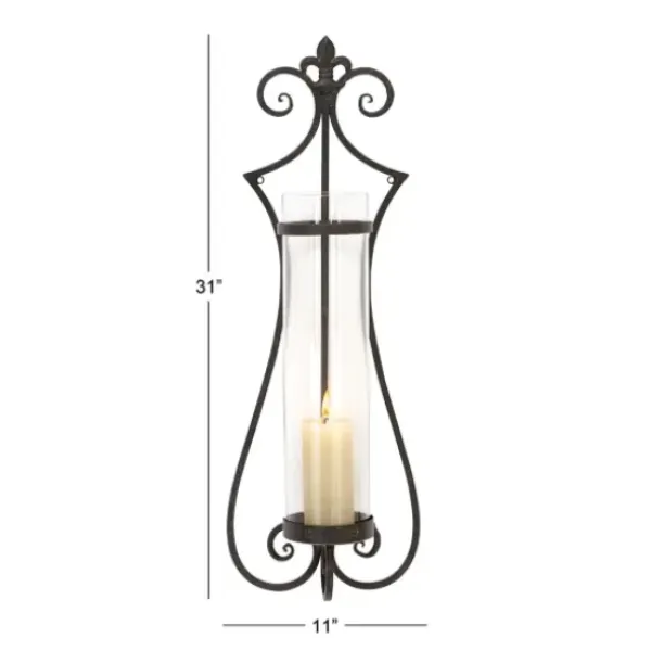 Sconces-Kirkland's Home Fleur Distressed Black Iron Sconce, 31 In.