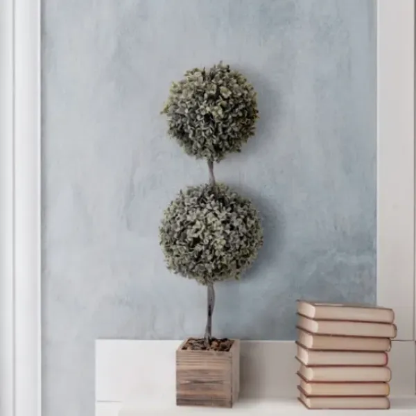 Trees & Topiaries-Kirkland's Home Flocked Double Ball Boxwood Bush In Wood Box Green/Brown