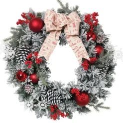 Wreaths-Kirkland's Home Flocked Pine Wreath With Berries And Ornaments Red/Green