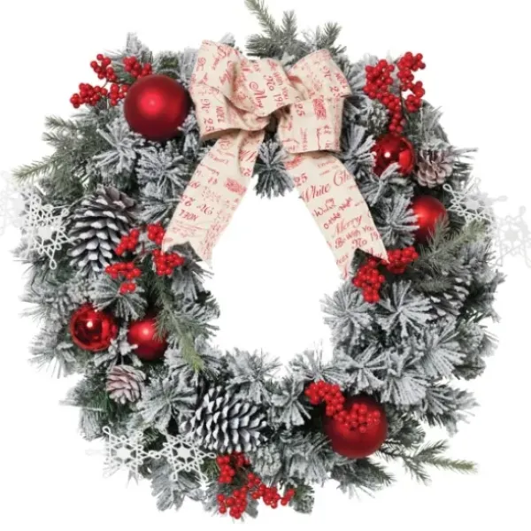 Wreaths-Kirkland's Home Flocked Pine Wreath With Berries And Ornaments Red/Green