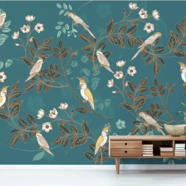 Wall Murals & Wall Decals-Kirkland's Home Floral Birds Peel And Stick Wall Mural Blue/Yellow