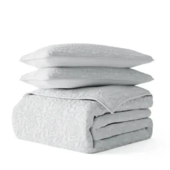 Quilts-Kirkland's Home Floral Stitch 3-Pc. Queen Quilt Set Gray