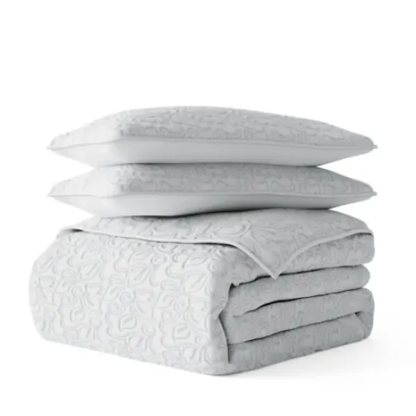 Quilts-Kirkland's Home Floral Stitch 3-Pc. Queen Quilt Set Gray