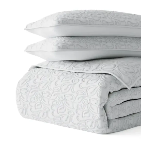 Quilts-Kirkland's Home Floral Stitch 3-Pc. Queen Quilt Set Gray