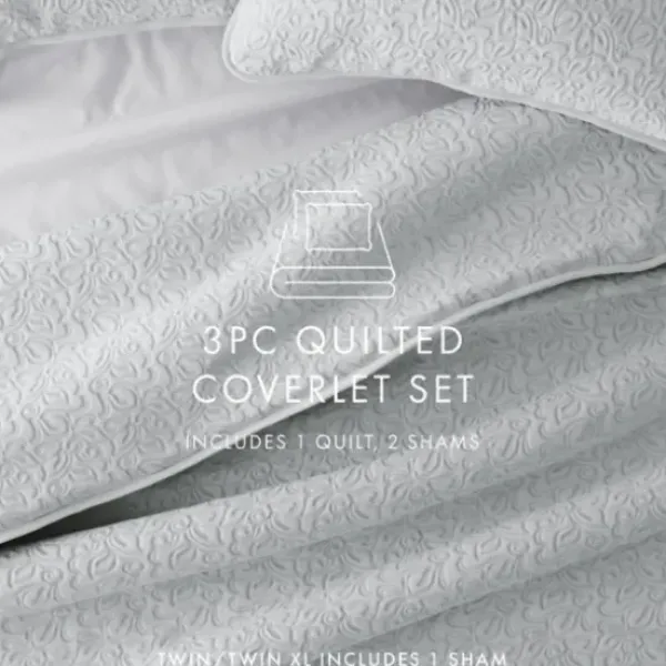 Quilts-Kirkland's Home Floral Stitch 3-Pc. Queen Quilt Set Gray