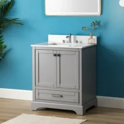 Bathroom Furniture-Kirkland's Home Florence Wood Backsplash Sink Vanity Gray