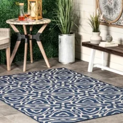 Outdoor Rugs-Kirkland's Home Forest Geo Lattice Outdoor Area Rug, 4X7 Green