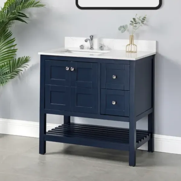 Bathroom Furniture-Kirkland's Home Foster Navy Wood Backsplash Sink Vanity Blue