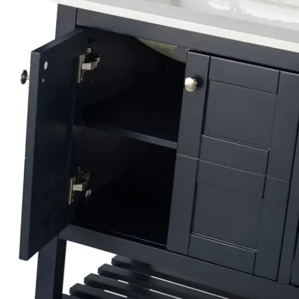 Bathroom Furniture-Kirkland's Home Foster Navy Wood Backsplash Sink Vanity Blue